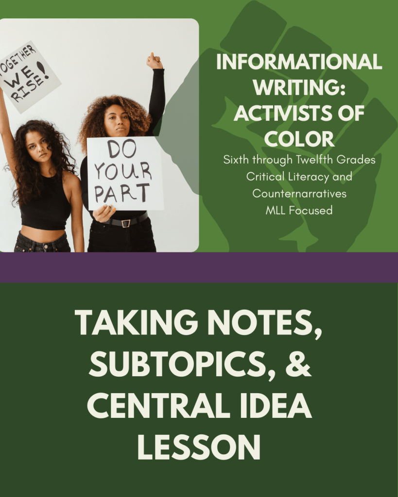 Lesson: Taking Notes, Subtopics, & Central Idea