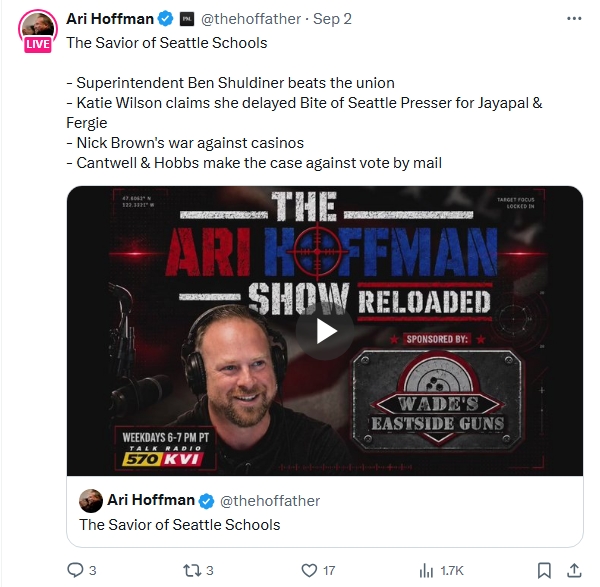 Promotional image for 'The Ari Hoffman Show Reloaded', featuring the host Ari Hoffman, along with text highlights about various topics discussed in the show, including local Seattle politics and events.
