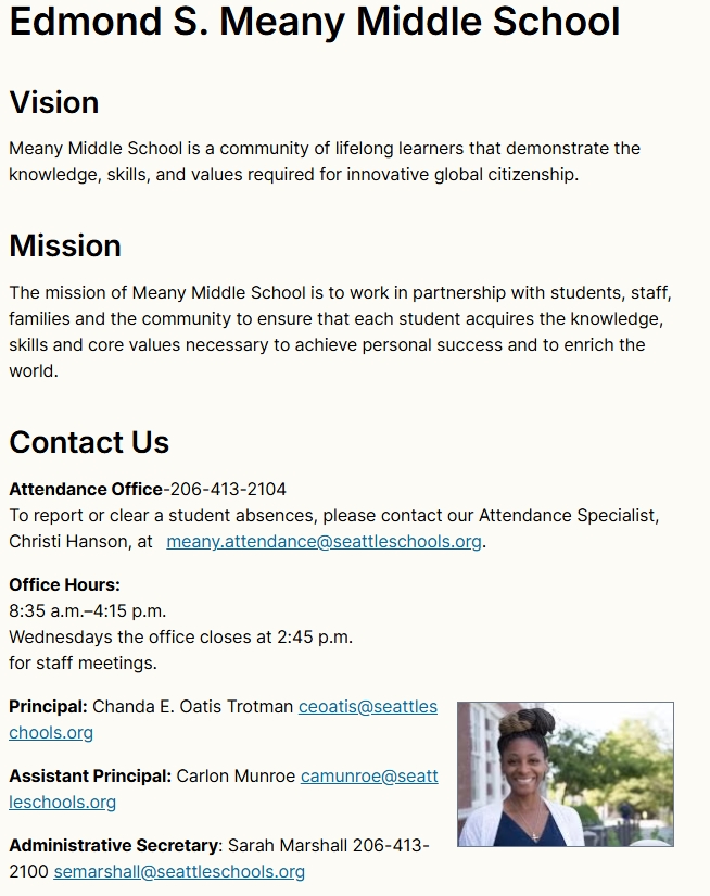 Information sheet for Edmond S. Meany Middle School, detailing the school's vision, mission, contact information, and staff details.